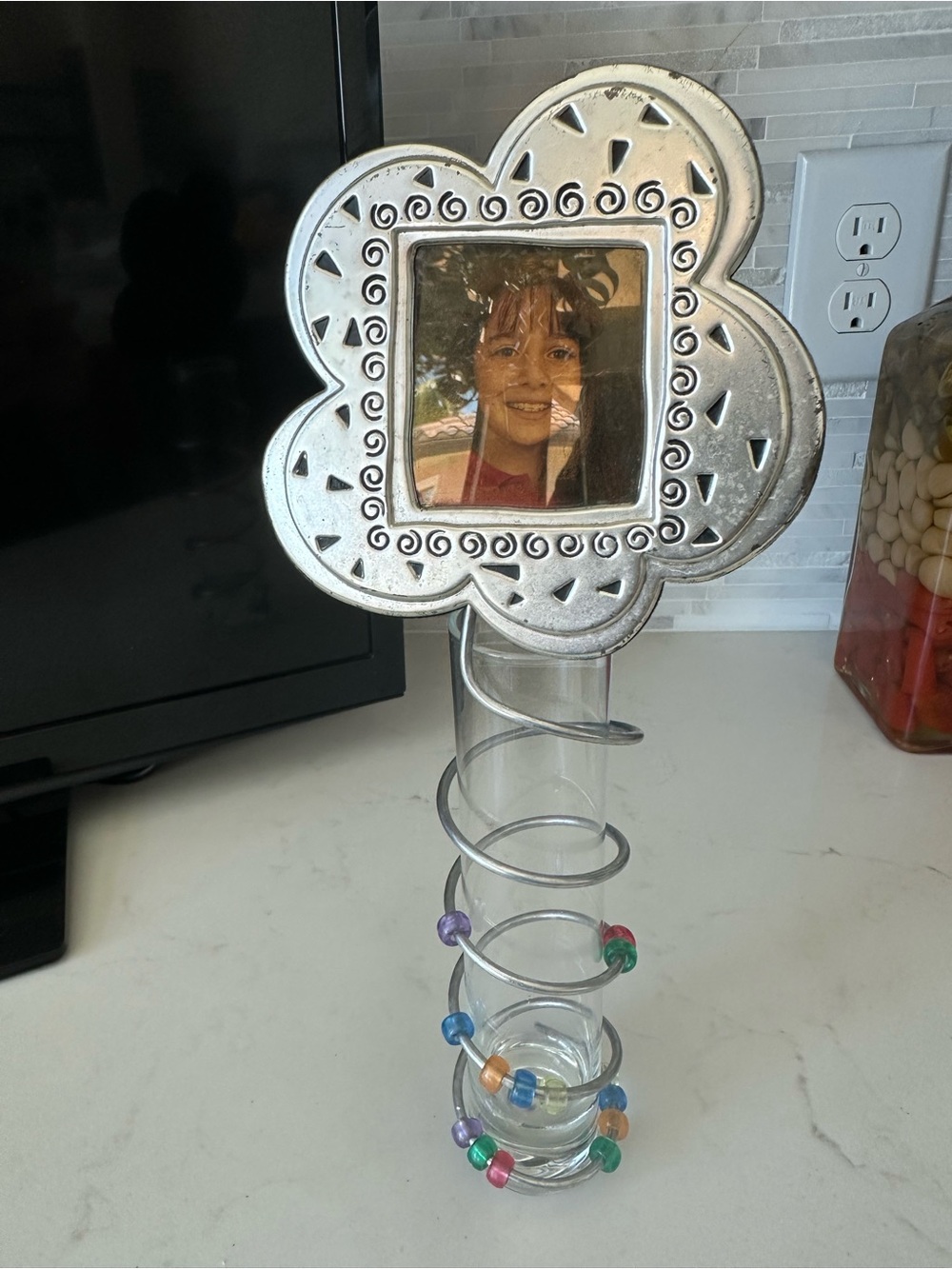 Silver Floral Photo Frame with Spiral Glass Bud Vase